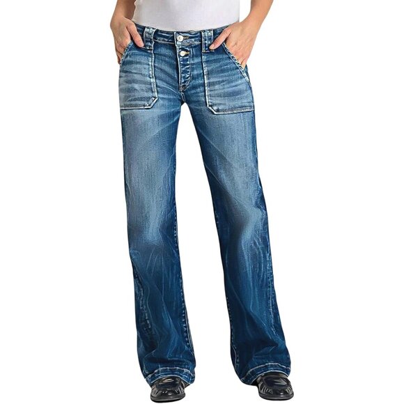 Women Vintage Wash Straight Leg Jeans Cotton Blend Mid Rise Classic Fit